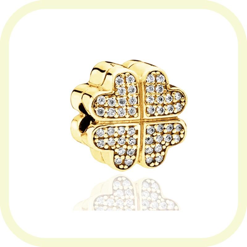 New Golden Flowers Collection Charm Bead Lucky Shamrock Rose in Bloom Daisy Flower Safety Chain Compatible With Authentic Bracelets Do It Yourself Jew
