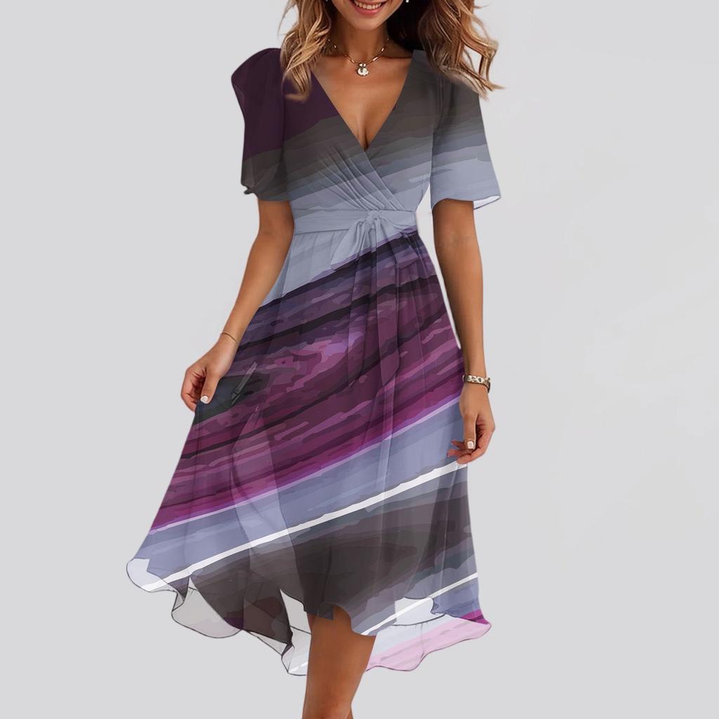 Women's Summer Texture Printed Casual Wrap V Neck Ruffled Hood Short Sleeves Belt A-Line Ruffle Hem Midi Sundress