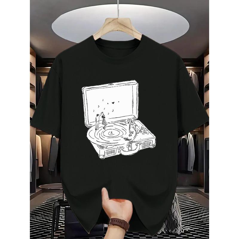 

Men S Retro Vinyl Record Print T-Shirt - Black Casual Crew Neck Tee with Vintage Turntable Design, Perfect for Music Lovers & Summer Wear 4XL