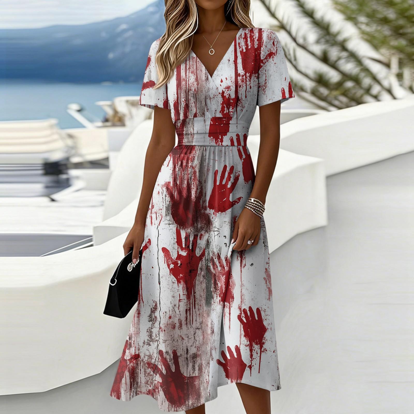Womens Casual V Neck Short Sleeve Midi Dress Tie Dye Print Elastic Waist Summer Dress for Daily Wear S