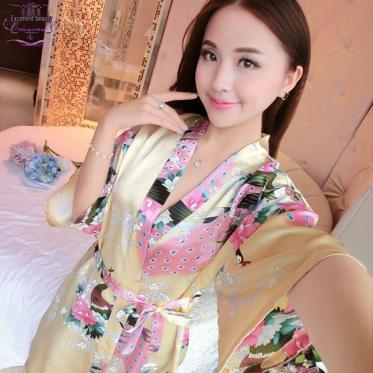 Women's Peacock Print Silk-Feel Short Summer Robe Pajamas
