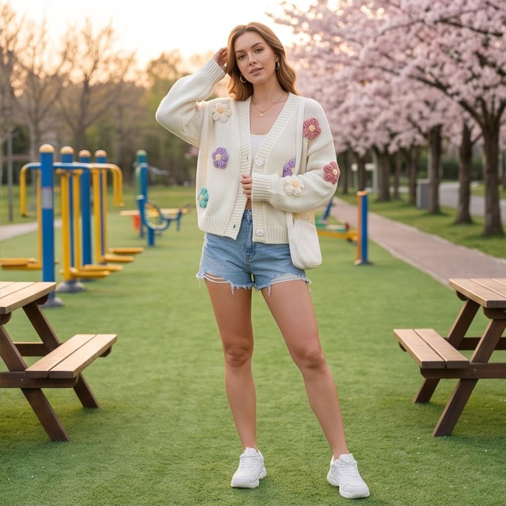 Women's Floral Knit Cardigan Sweater with Cute for Daily Wear