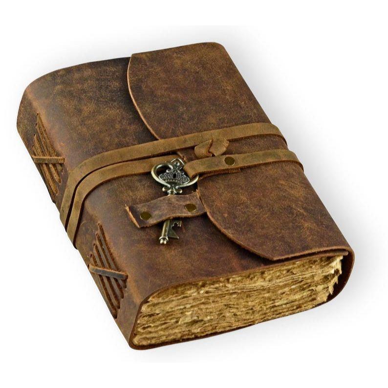 Vintage Leather Journal with Key: Blank Book of Shadows, Deckle Edge Paper 7 x 5 inch