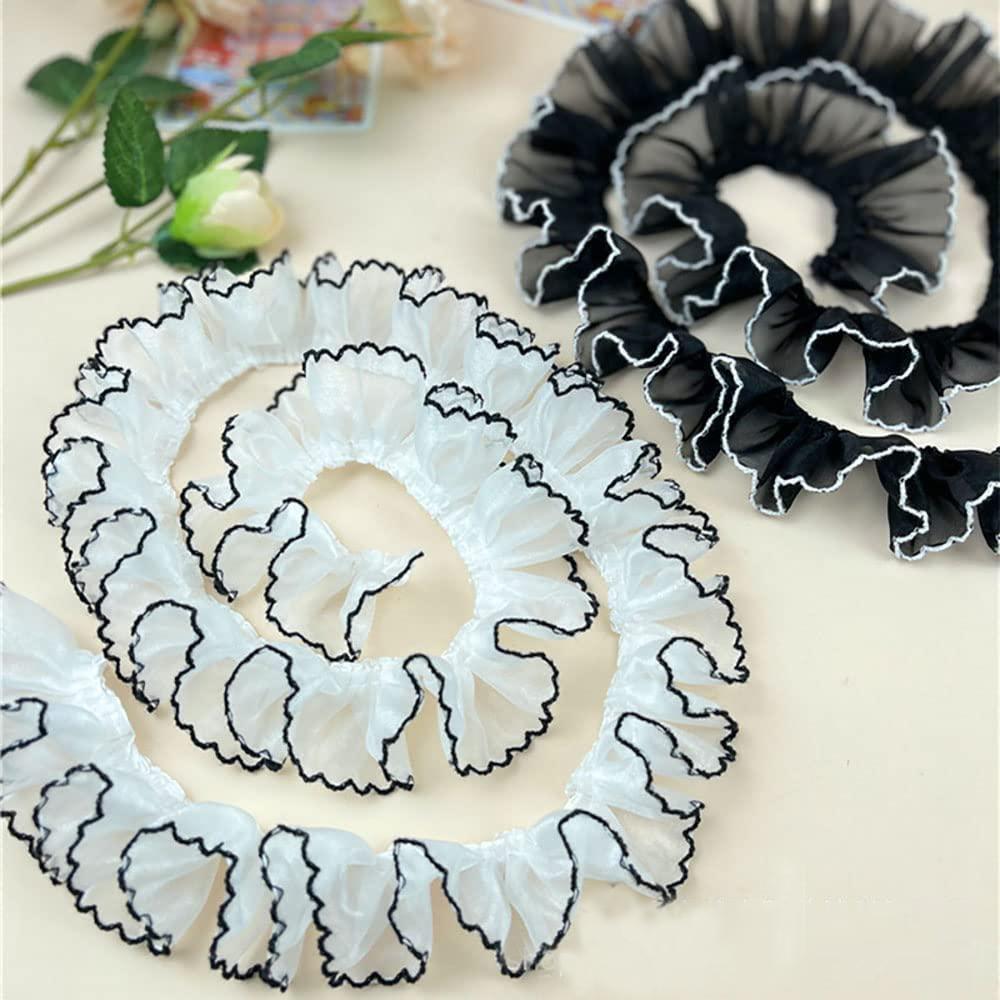 2 Yards/182cm Ruffled Pleated Lace Fabric Trim Pleated Chiffon Black White Applique 4CM wide