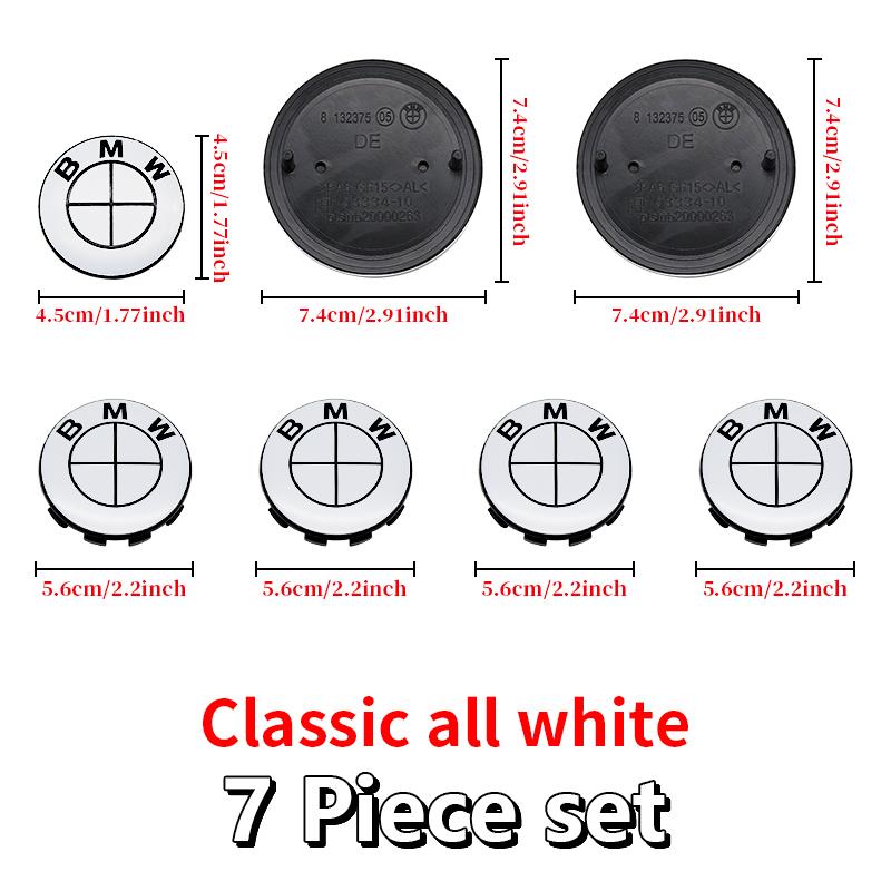 7Pcs Car Front Hood Emblem Wheel Hub Caps All White Logo For BMW M Logo G30 G31 G38 G11 G12 G20 G28 F10 F48 F49 G01 F20 F21 F22
