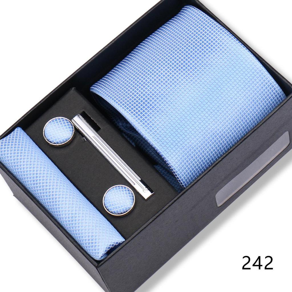 Men's Black & Wine Red Striped Plaid Tie Set with Pocket Square - Formal Wedding Gift Box