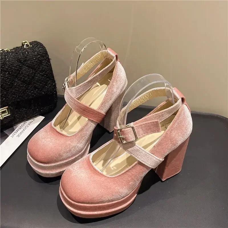 Fashion Platform Mary Janes Shoes Women Suede Luxury High Heel Lace Up Trend Lolita Shoes Elegant Chunky Party Pumps Zapatos De Mujer