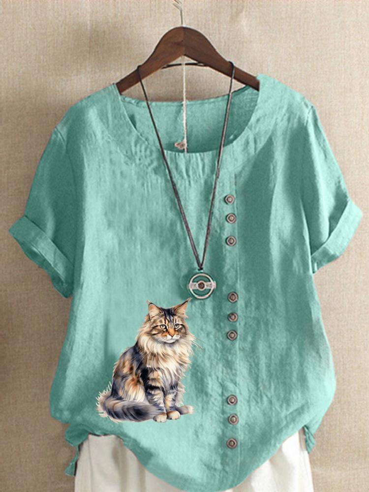 Women's Fashion Cat Print Round Neck Short Sleeve T-shirt Summer Casual Cotton Linen Graphic Shirt Leisure Loose Blouse Tops