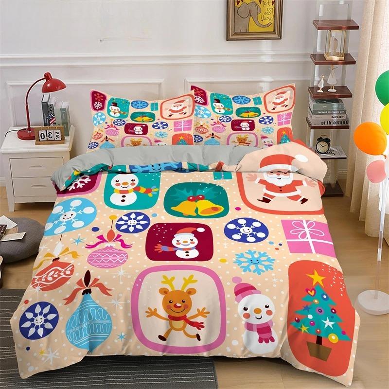 3D Frohe Weihnachten King Queen Bettwäscheset Kinder Cartoon Weihnachtsmann Schneemann Rentier Bettdeckenbezug XMAS Bettbezug Polyester Steppdecke
