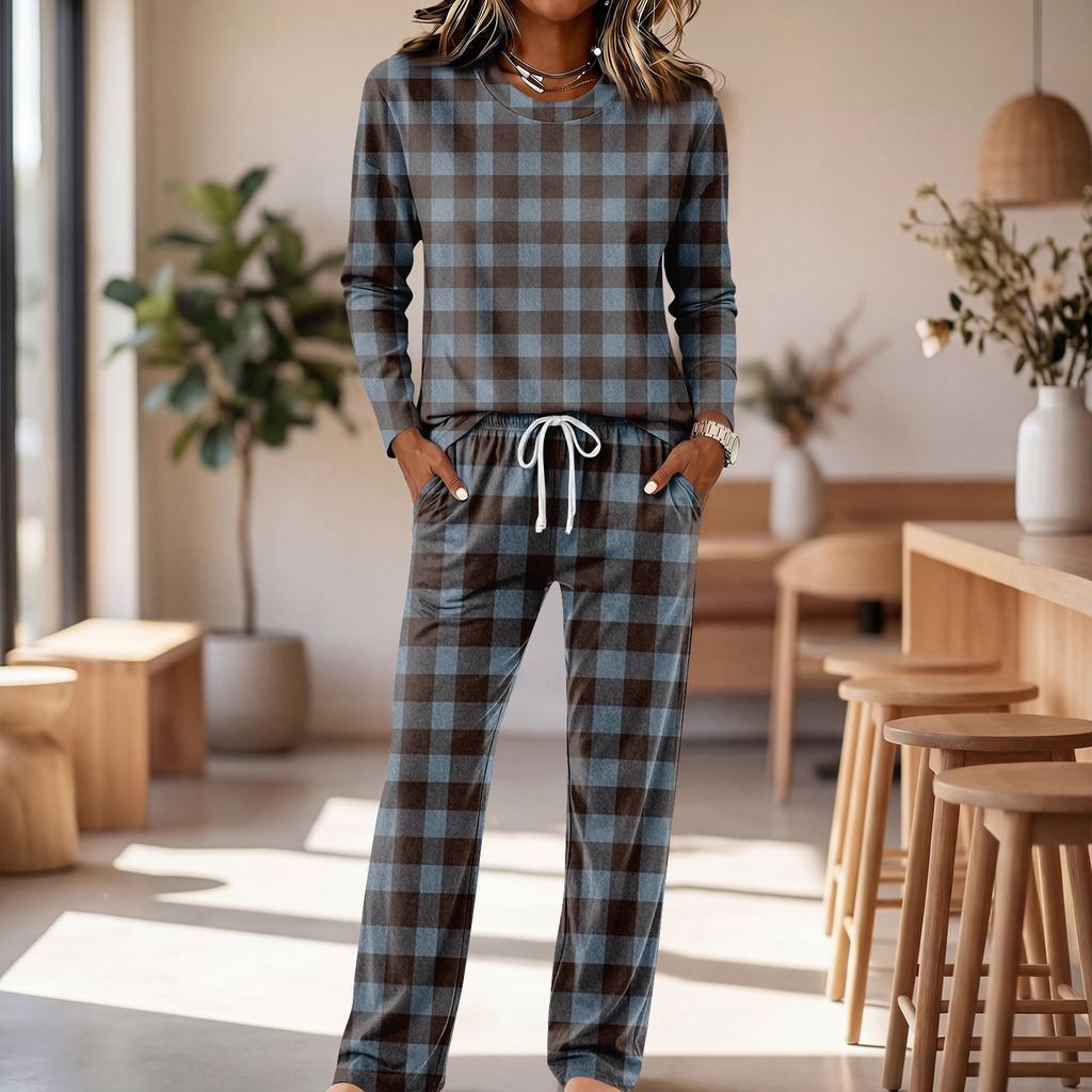 Set Pigiama da Donna a Manica Lunga con Scollo Rotondo, Coulisse e Gamba Larga per Casa e Sonno Casual