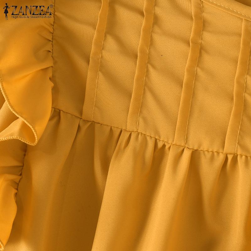 ZANZEA Damen Sommerbluse mit Rundhalsausschnitt, kurzen Ärmeln, gestreift, Rüschen