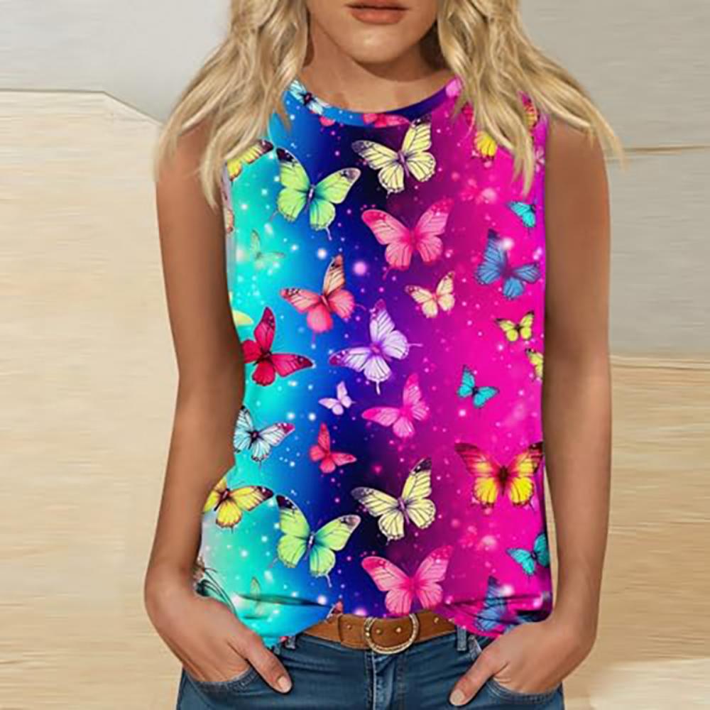 Women's butterfly 3D printed sleeveless T-shirt, round neck off shoulder casual vest, elegant Y2K sleeveless top, T-shirt, women's clothing