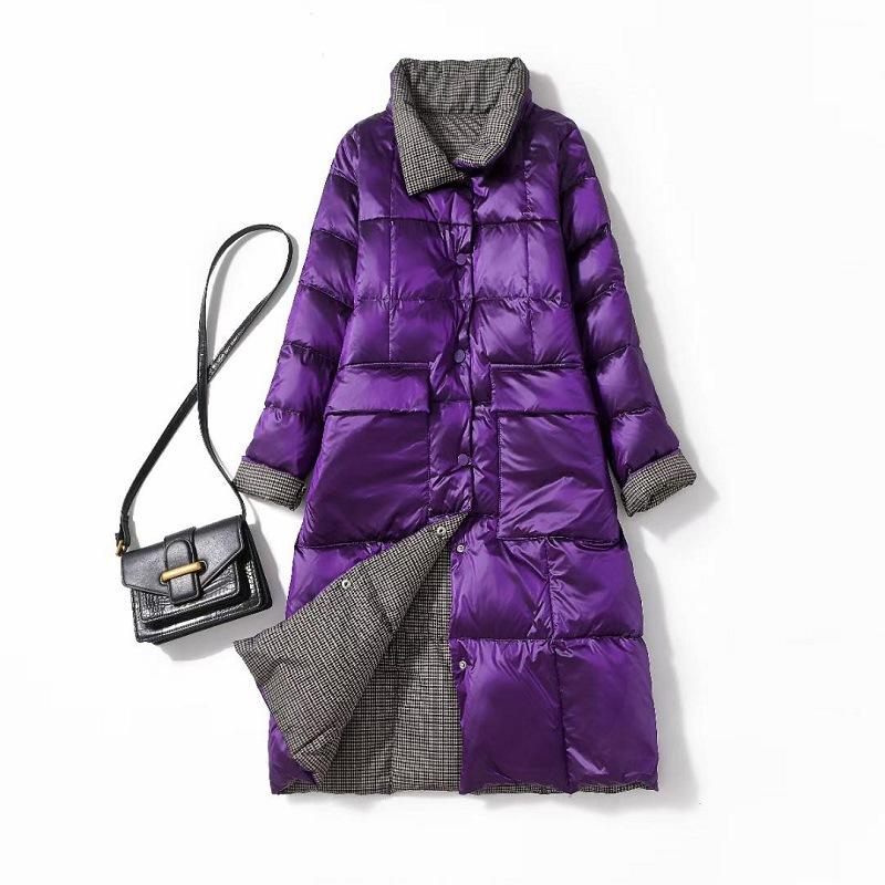 

Обе стороны Зимой женские модели средней и длинной длины свободные и тонкие, а также белые куртки на пуху длиной до колена с обеих сторон с большими карманами. XXXL фиолетовый