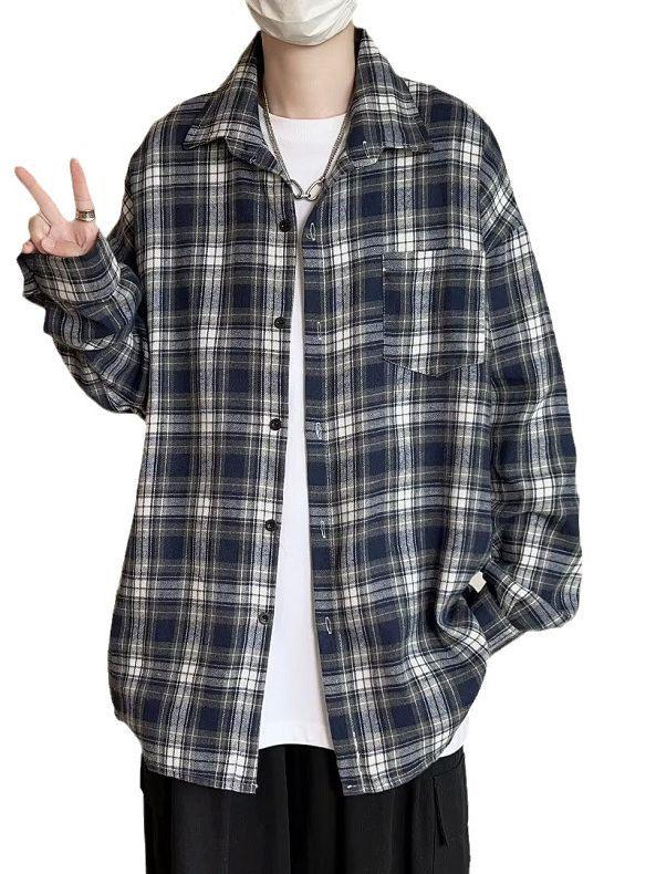 Men's Oversized Black and White Plaid Long-Sleeve Shirt - Trendy Casual for Spring and Autumn