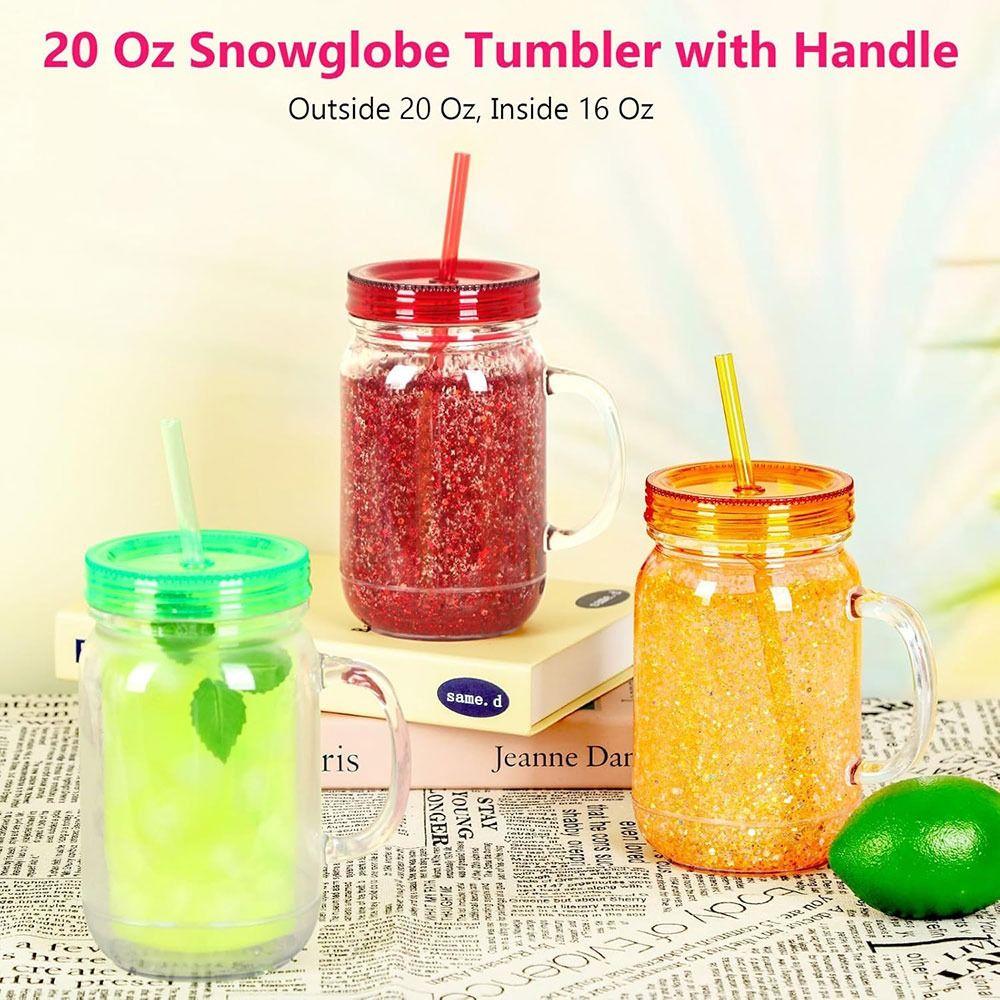 NEW 20 Oz Capacity Snowglobe Tumbler Double Wall Pre Drilled Hole Snow Globe Cups Clear Plastic Mason Jars Party Favors