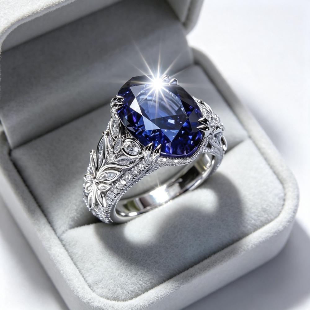 925Silver-plated Oval Blue Synthetic Cubic Zirconia Ring, Vintage Hollow-out Pavé Colorful Statement Ring Suitable for Wedding Jewelry, Youth Style