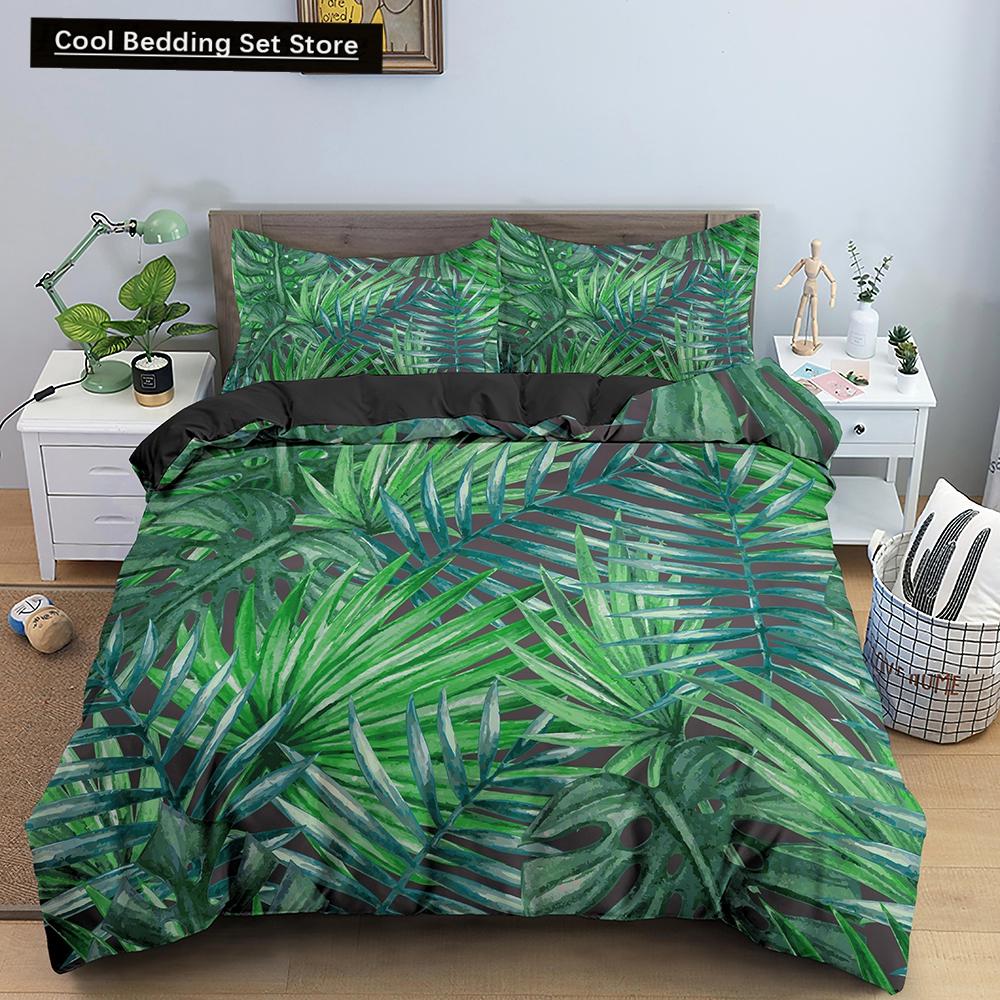 Příroda Tropické Zelené Listy Král Královna Ložní Souprava Deštný Prales Džungle Rostlina Povlak na Přikrývku 3D Botanický Polyesterový Povlak na Peřinu