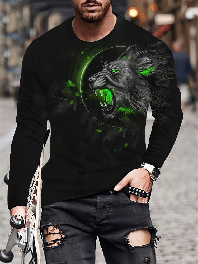 Men Black & White Lion Print Long Sleeve T‑Shirt Spring & Autumn Daily Casual Streetwear Top