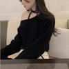 2026 Korean Style Off-Shoulder Knit Sweater for Women - Autumn Winter High-End Solid Color Short Top