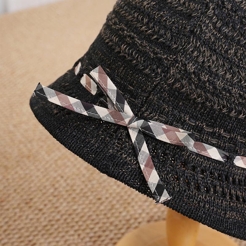 French elegant woven bucket hat women's spring and summer thin hollow breathable sunscreen visor showing face small holiday basin hat