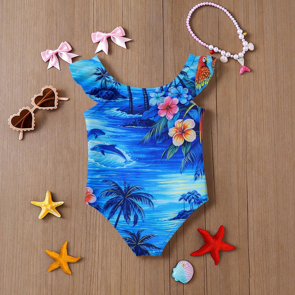 Girls One Piece Swimsuit Hawaiian Print Sleeveless Ruffle Shoulder Swimwear Kids Beachwear Bathing Suit for Summer Pool Water Activities
