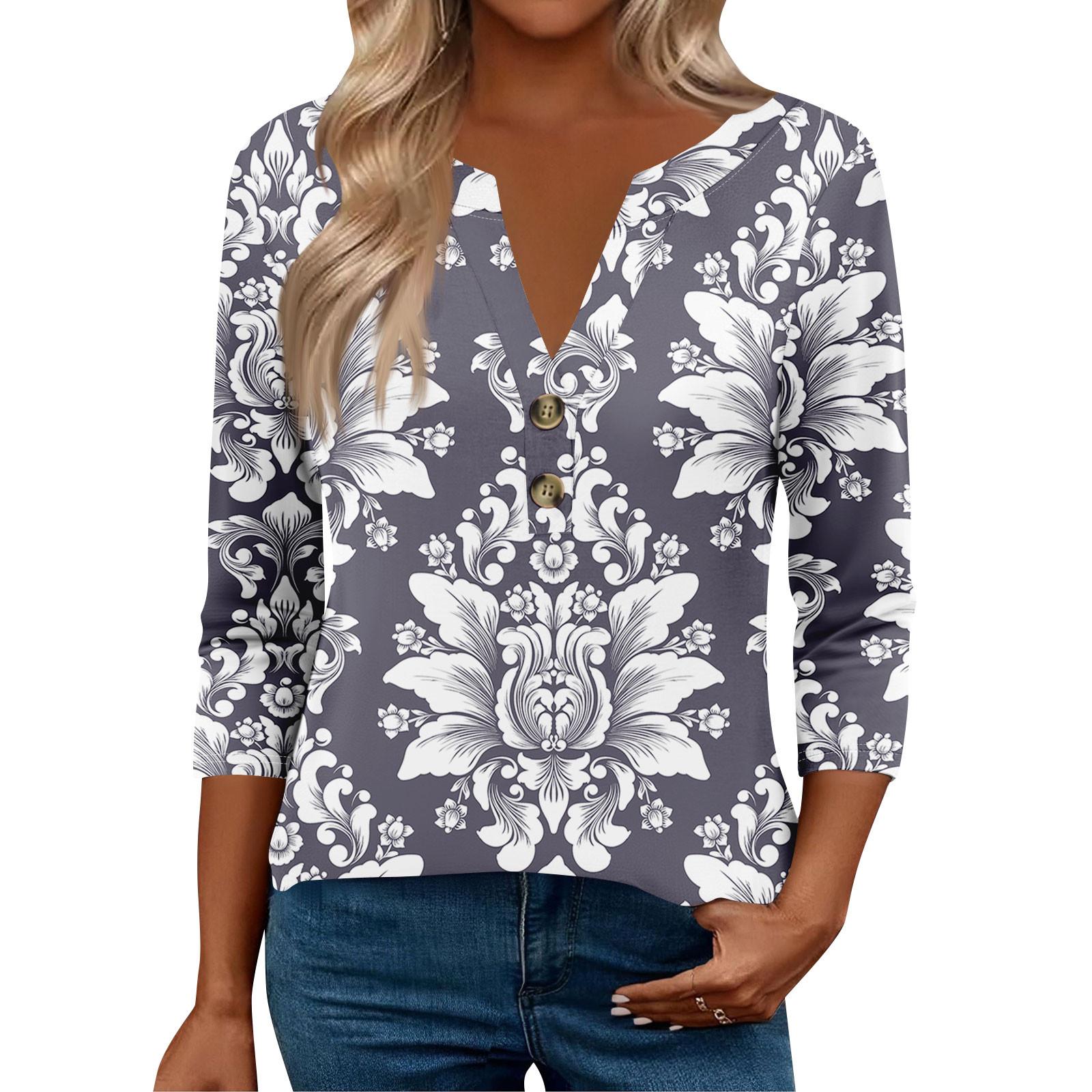 

Женские топы с рукавом 3/4 для женщин, топы хенли на пуговицах с V-образным вырезом, нарядные летние женские топы свободного кроя M
