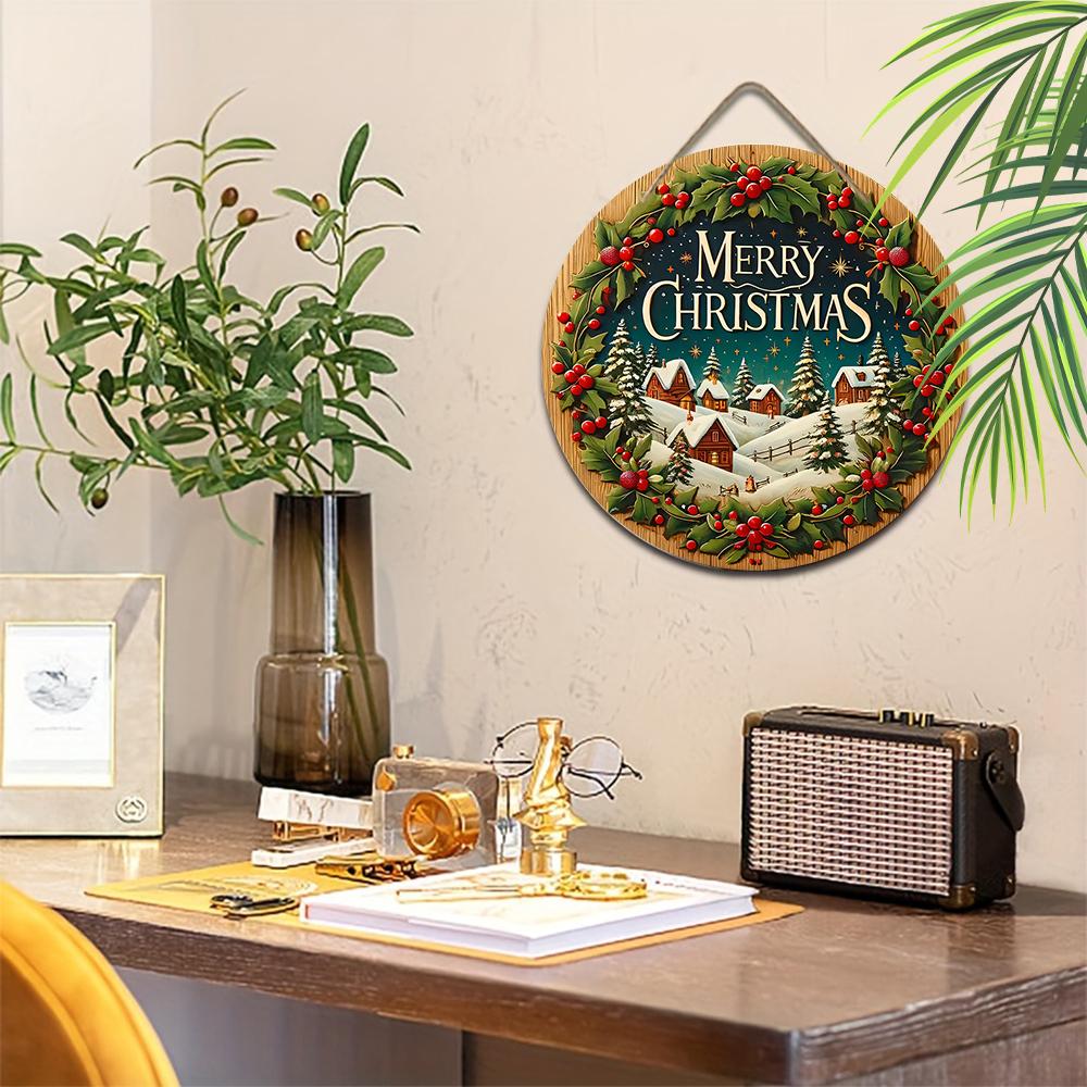 Merry Christmas Wooden Sign with Snow House Pattern - Navidad Wooden Sign for Front Door, Yard, Balcony, Window Decor - Ideal Christmas Gift