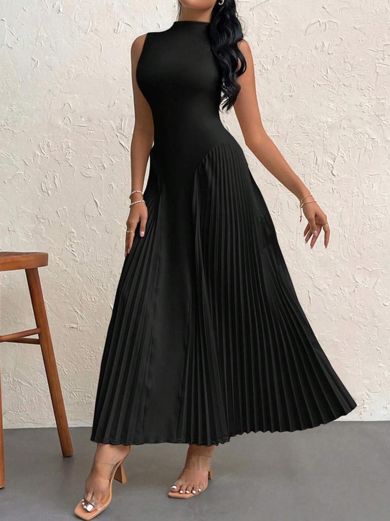 Summer New Style Pleated Patchwork Long Dress Elegant Sleeveless Slim Fit Evening Gown Party Dress