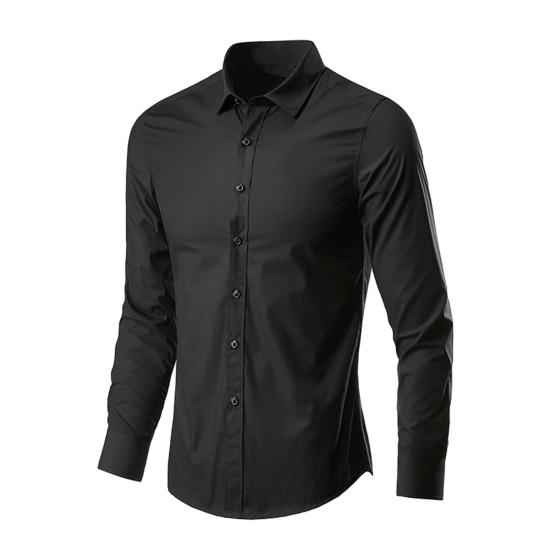 Men Shirt Turn-down Collar Long Sleeve Single-breasted Solid Color Stretchy Slim Fit Soft Plus