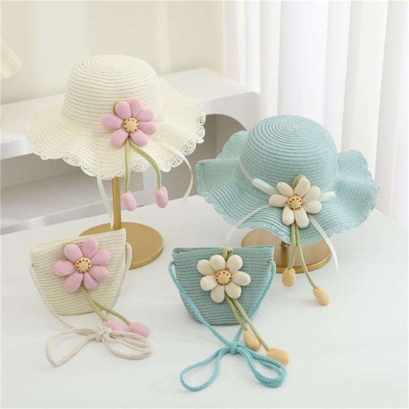 2Pieces Kids Summer Sun Hat And Bag Set Breathable Straw Braided Design For Beach Outdoor Activities