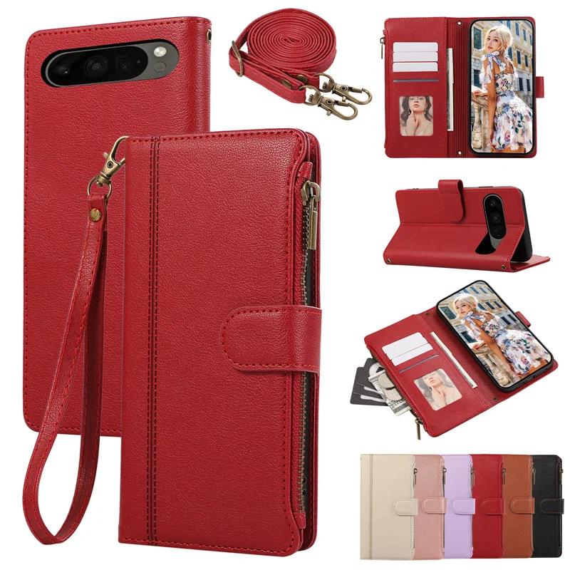 Wrist Strap Crossbody Wallet with Card Holder Phone Case for Google Pixel 9 8 7 6 Pro 8A 7A Protective Shockproof Leather Cover