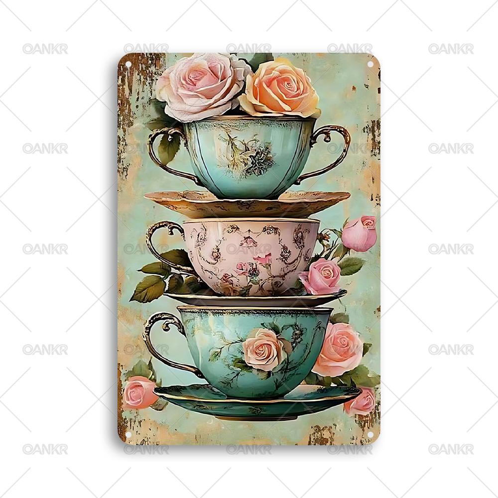 

Vintage Garden Art Poster Metal Tin Sign Tea Cups Roses Metal Signs for Backyard Bedroom Home Wall Decor Plaque Accessories 20x30cm（7.8x11.8inch）