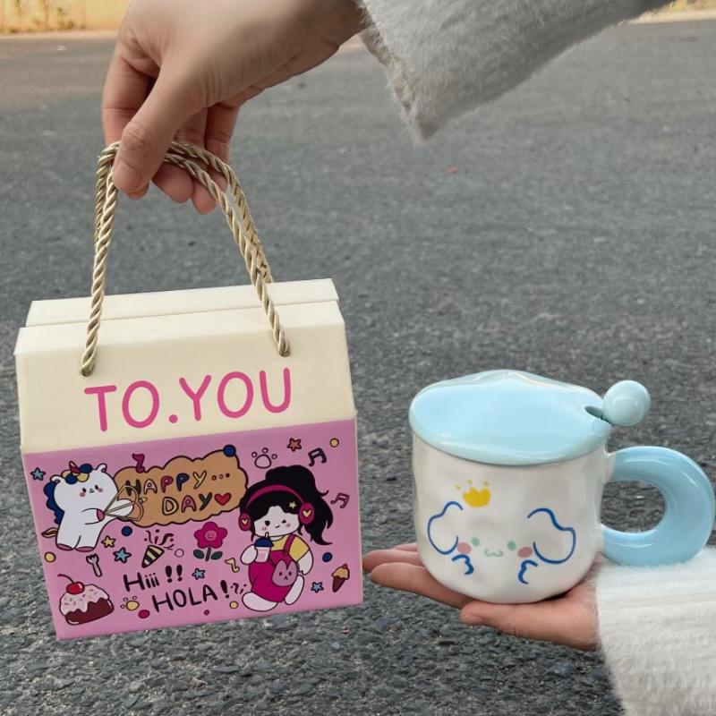 Cute Expression Mug with Lid Spoon Ceramic Cup Girls Couple Water Cup Home Children Breakfast Coffee Cup Men