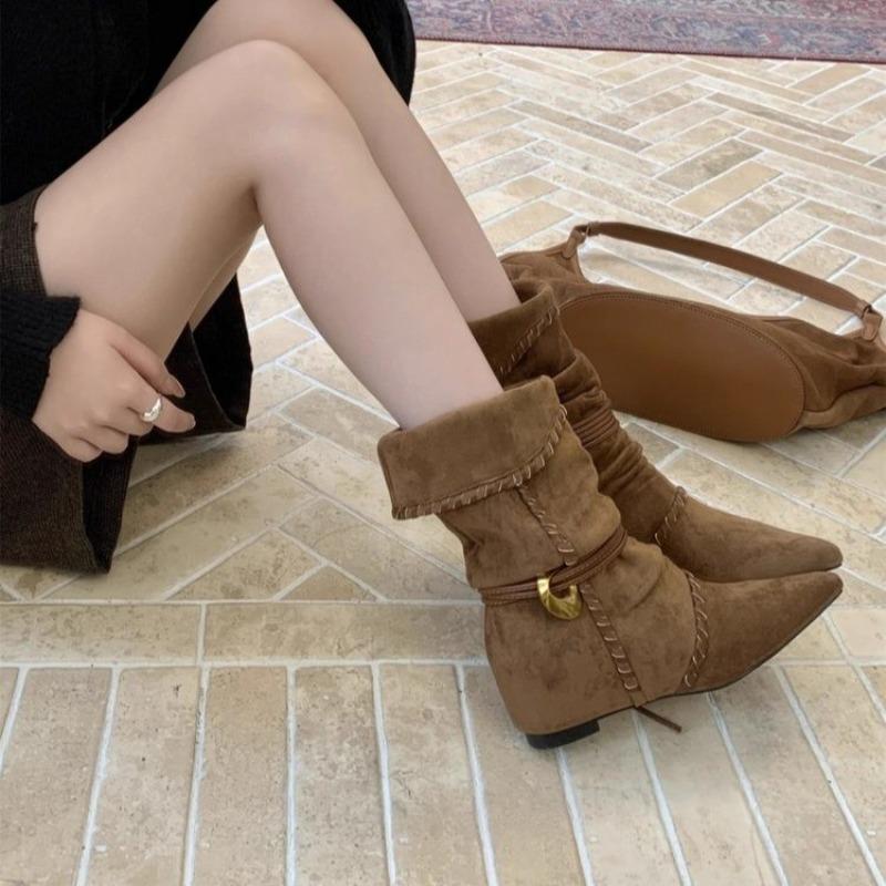 New Style Luxury Women's Winter Low Heel Folded Pile Short Boots Metal Buckle Chain Fashion Pointed Large Women's Ankle Boots
