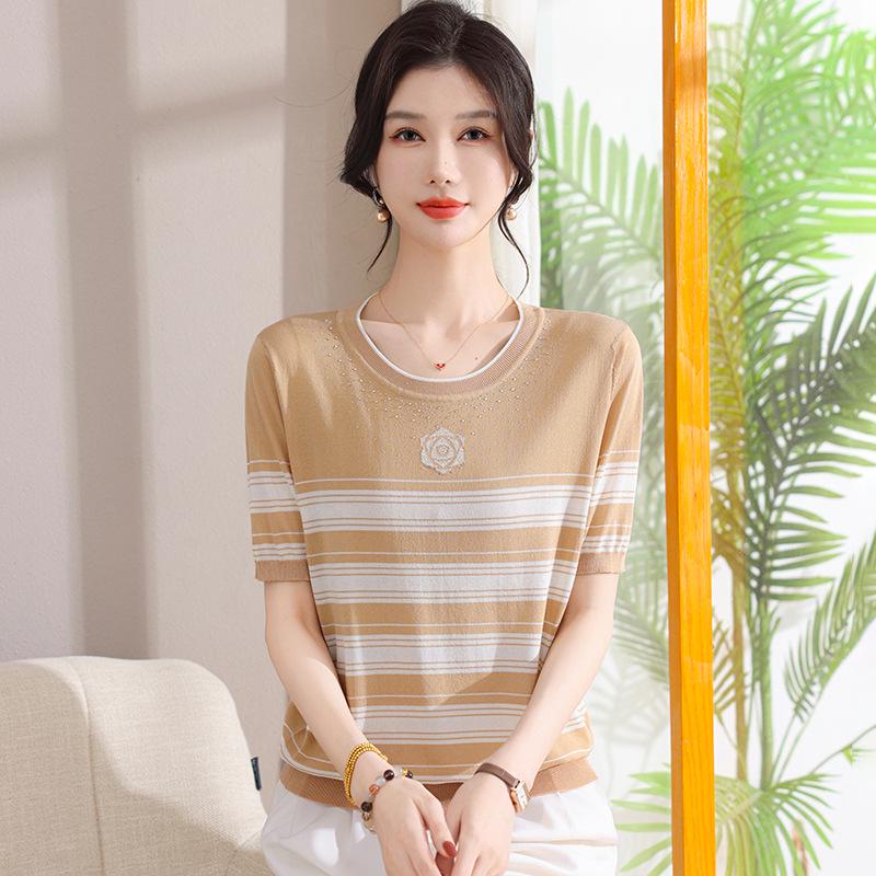 Summer Striped Ice Silk Round-Neck Top for Middle-Aged & Elderly Women - Stylish Short-Sleeved Mother's Day Sweater