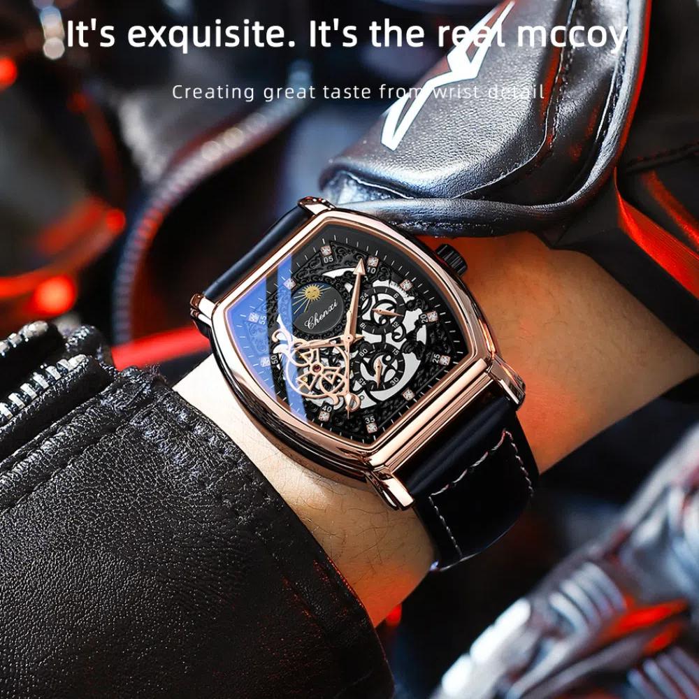 Chenxi Retro Hollow Skeleton Mens Automatic Mechanical Watch Waterproof Moon Phase Tourbillon Watches Luxury Tonneau Business Wristwatch