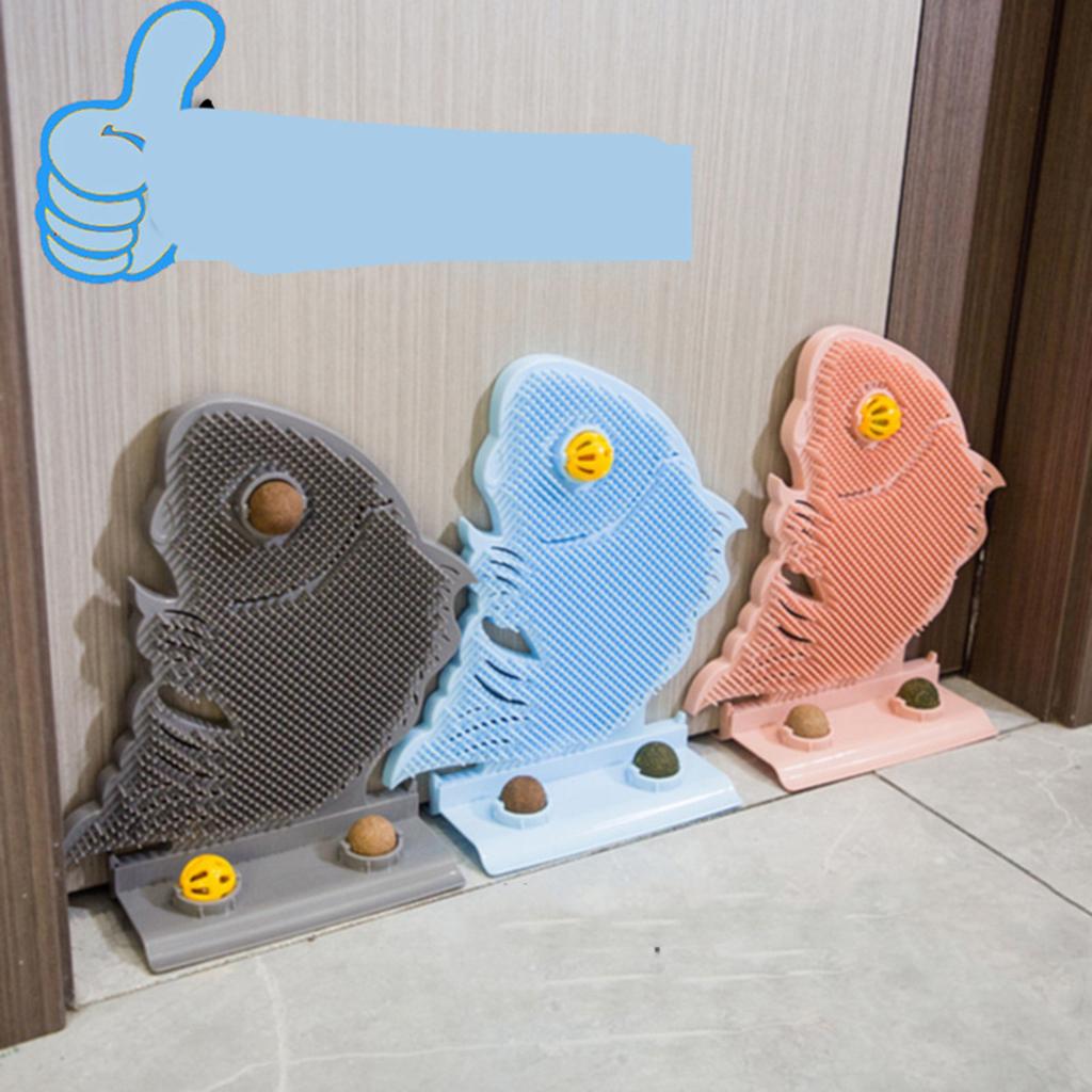 Wall Cat Self Groomer Removable Skin Friendly Fish Shape Rubbing Post Corner Cat Face Massager with Catnip Bell Grey