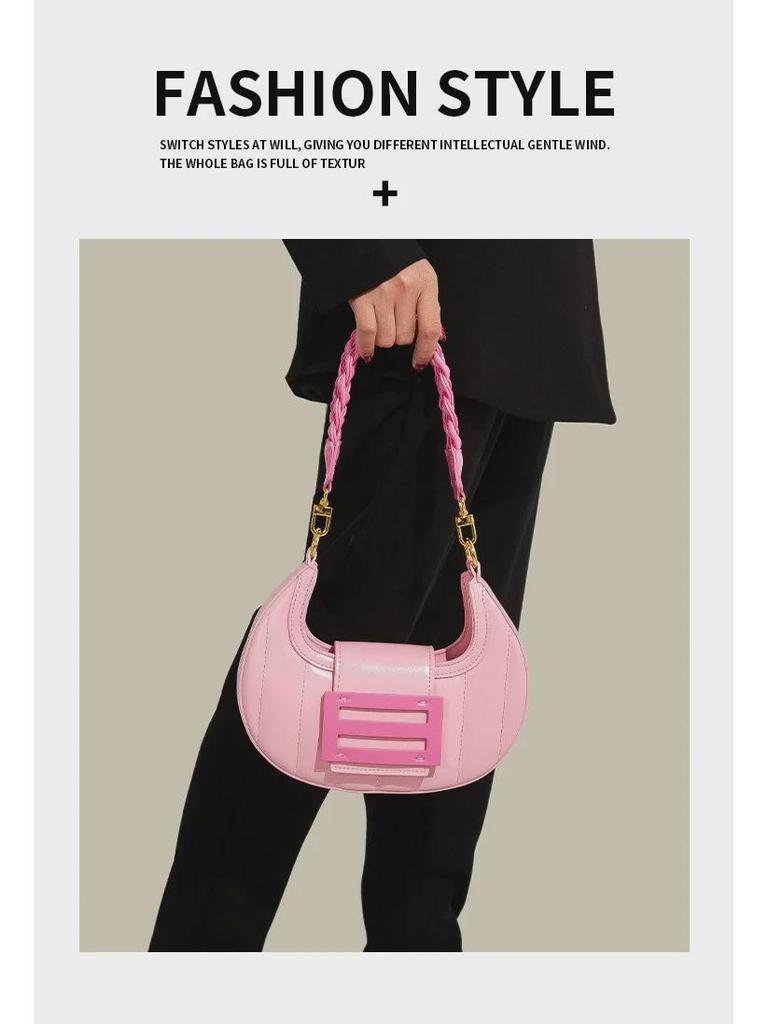High-Quality Pink Woven Crescent Shoulder Bag - 2024 Summer Collection