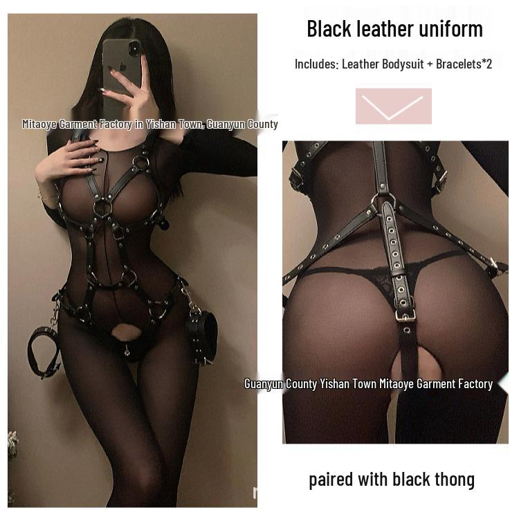 Adult Patent Leather Bodysuit with Handcuffs - Dark Night Role-Play Set