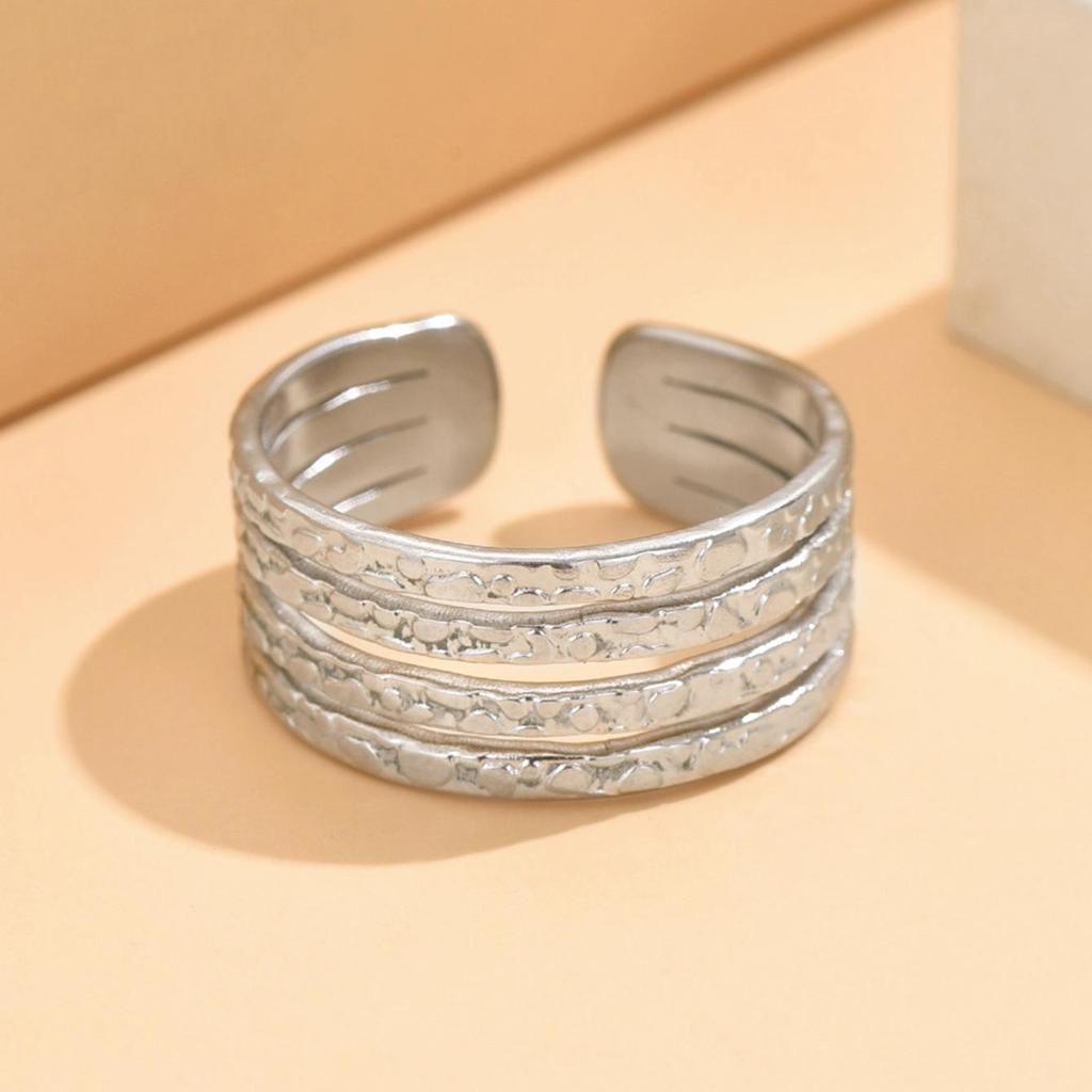 European Striped Stainless Steel Adjustable Open Ring - Simple and Versatile Jewelry Piece