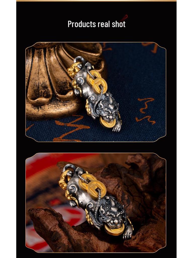 Gold-Plated S925 Sterling Silver Pixiu Pendant with Antiqued Guochao Design for Men and Women