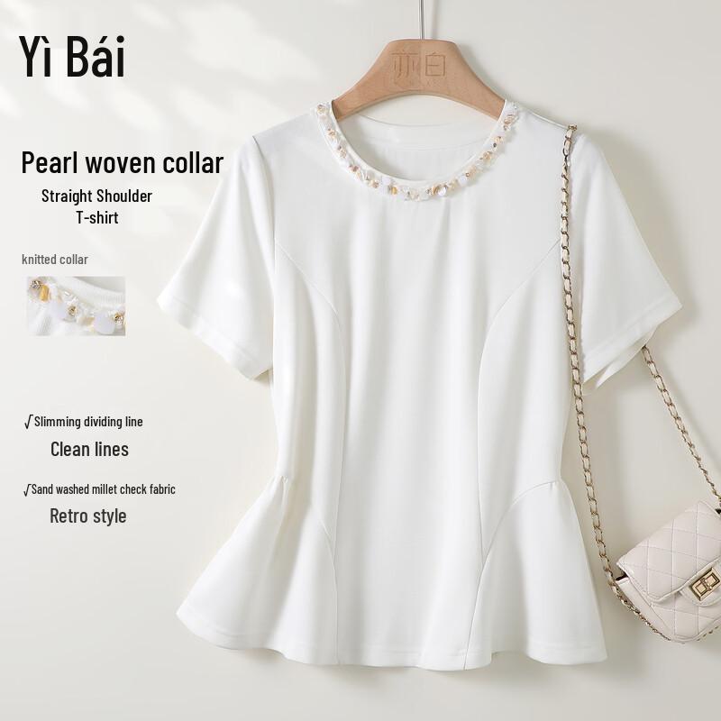 T-shirt Girocollo Arricciata con Nastro di Perle Retro Yibai 26 per Donna