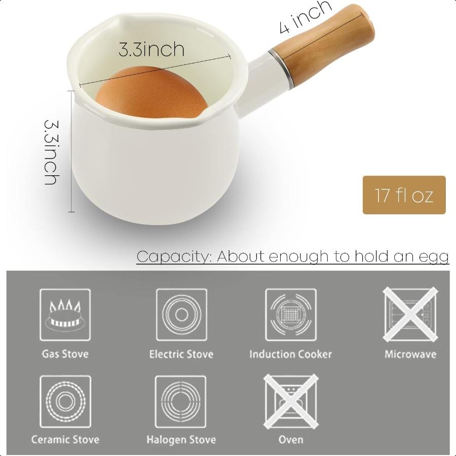 0.6qt Mini Enamel Milk Pot Insulated Wooden Handle 2 Pour Spouts Small Food Warmer Cute Saucepan D015White
