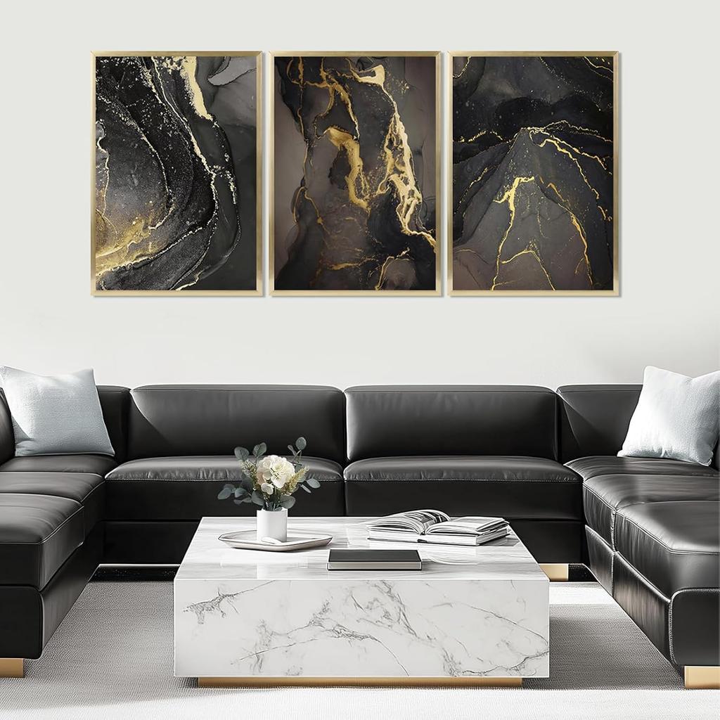Kyiyhzp 3Pcs Abstract Black Gold Wall Art Modern Minimalist Wall Decor Prints Black gold grey pictures Marble painting artwork for Living Room