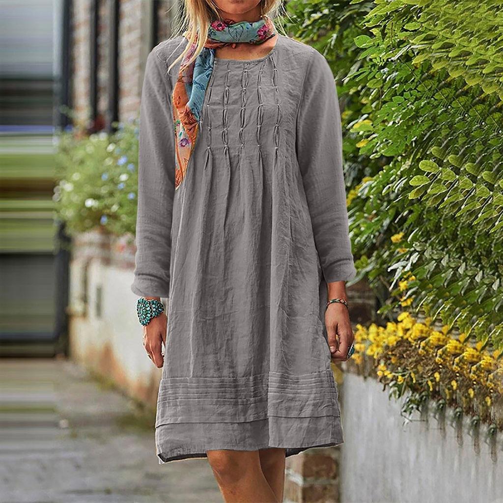 Women's Round-neck Solid-color Loose Casual Cotton And Linen Dress