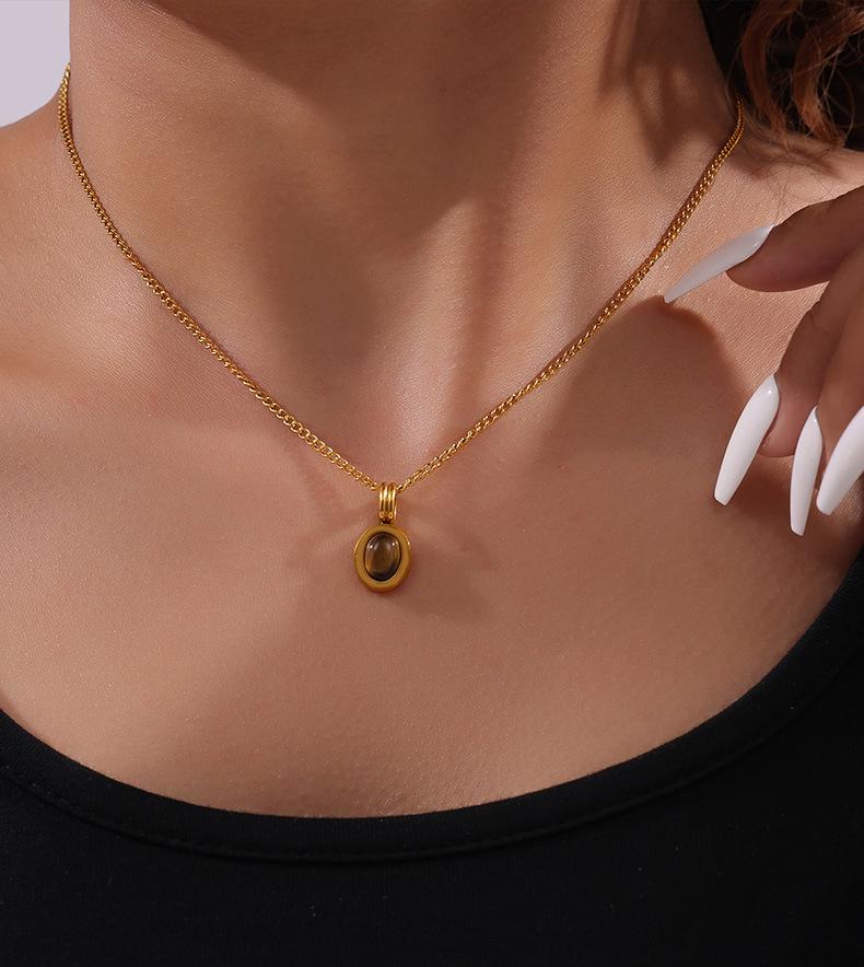 Double-Layered Tiger's Eye Beaded Necklace with Titanium Steel Clavicle Chain