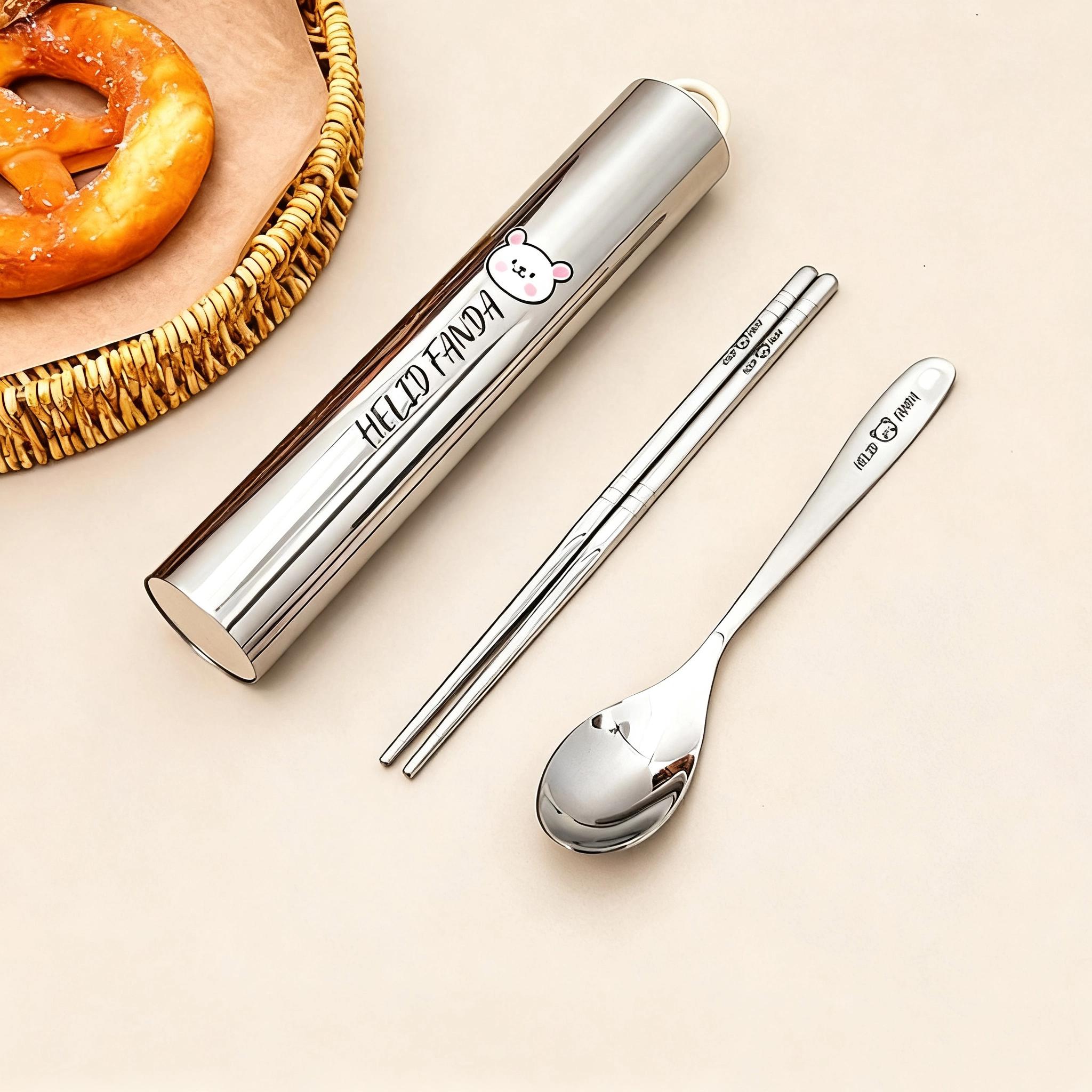 

4pcs/set 304 Stainless Steel Tableware Set Portable Students Kids Cutlery Fork Spoon Chopsticks Dishwasher Safe Picnic Flatware