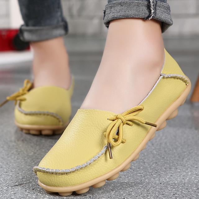 New Moccasins Women Flats  Autumn Woman Loafers Genuine Leather Female Shoes Slip On Ballet Bowtie Women 'S Shoes Big Size