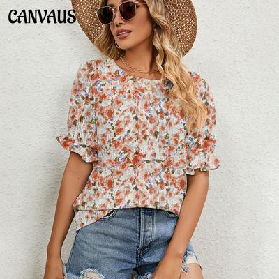 Summer Women's T-shirt Shirt Floral Tops Loose Round Neck Pullover T-shirt