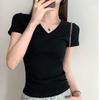 Front Shoulder Short-sleeved T-shirt Women's New Summer Basic Slim-fitting and Thin American Flower Gray V-neck Top